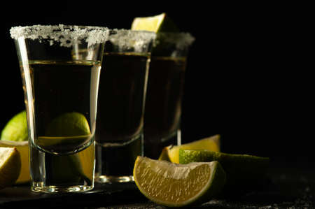 Mexican Gold Tequila with lime slices and salt.の写真素材