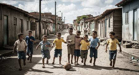 Group of children playing basketball in the street.の素材