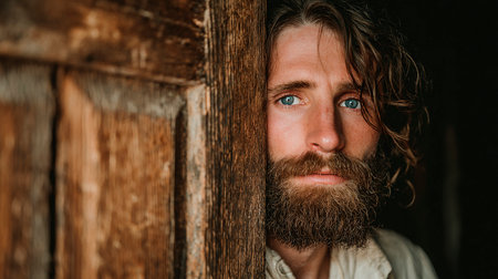 Portrait of a man with a beard on a background of an old wooden door.の素材