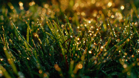 Morning dew on the green grass in the rays of the setting sunの素材