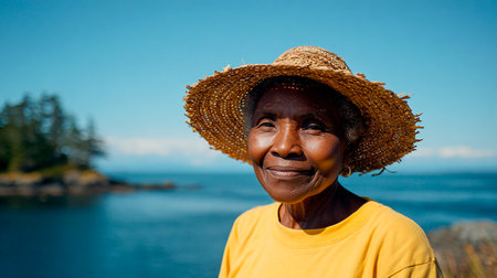 Portrait of an elderly African woman wearing a straw hat standing by the seaの素材