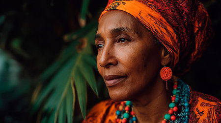 Portrait of a smiling senior woman in a colorful headscarfの素材