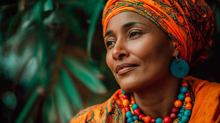 Portrait of a beautiful African woman wearing orange headscarf and necklace.の素材