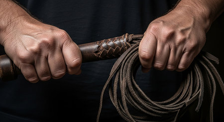 Man's hands holding a katana with a rope on a black backgroundの素材