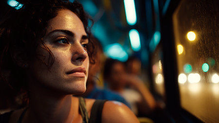 Portrait of a beautiful girl with curly hair in a night clubの素材