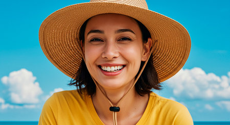 smiling young woman in straw hat and yellow t-shirt on beachの素材