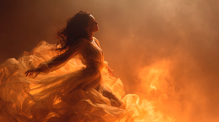 Beautiful girl in a flying dress on a background of fire.の素材