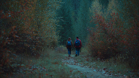 Couple with backpacks walking in the autumn forest. Back view.の素材