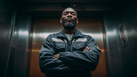 Portrait of a confident black worker standing with arms crossed in elevatorの素材