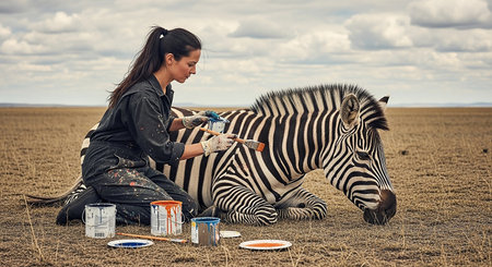 Beautiful young woman paints a zebra in the middle of the fieldの素材