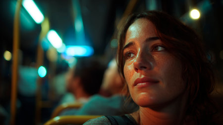Young woman riding a bus in the city at night, close-upの素材