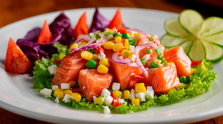 Salad with smoked salmon, corn, onion and mayonnaiseの素材