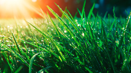 Fresh green grass with dew drops in the morning. natural backgroundの素材