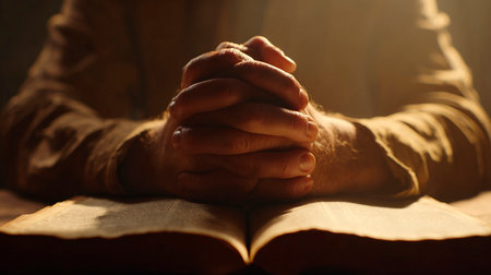 Hands folded in prayer on the holy bible in the evening lightの素材