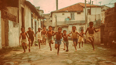 Vintage retro effect filtered hipster style image of a group of young boys running in the street.の素材
