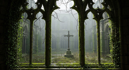 Gothic church in a misty graveyard with a cross in the foregroundの素材