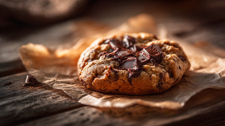 Chocolate chip cookies on rustic wooden background, selective focus.の素材
