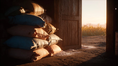 agricultural field with sandbags in the sun at sunrise.の素材