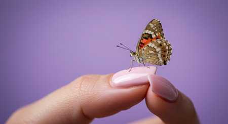 butterfly on the finger of a woman on a purple backgroundの素材