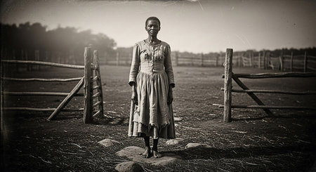 African woman in traditional dress standing in the field. Black and white photo.の素材