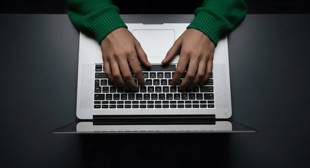Hands of a hacker stealing data from a laptop. Cybercrime conceptの素材