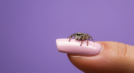 Spider on the finger of a woman on a lilac background.の素材