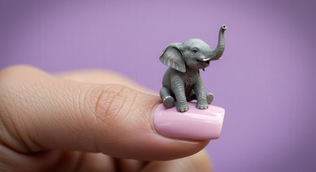 Elephant figurine on pink nail in hand on purple background.の素材