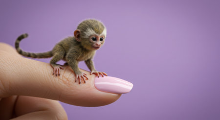 Little baby monkey on human finger. Studio shot on purple background.の素材