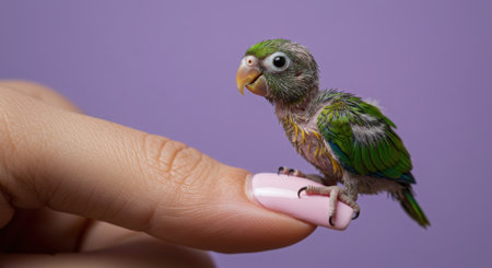 Female hand holding a baby parrot on a purple background, close-upの素材