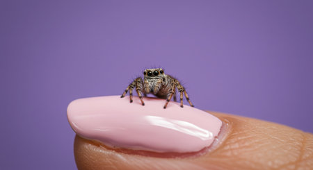 jumping spider on finger macro close up. animal on pink backgroundの素材