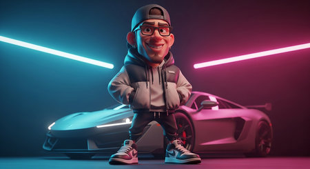 Funny boy in hoodie and glasses sitting near sports car.の素材