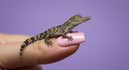 crocodile in the hand of a girl on a purple backgroundの素材