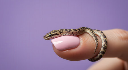 Beautiful snake on the finger of a young woman on a purple backgroundの素材