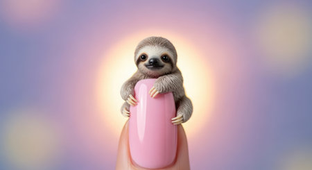 Cute baby sloth hanging on a pink shampoo bottle. The concept of beauty and health.の素材