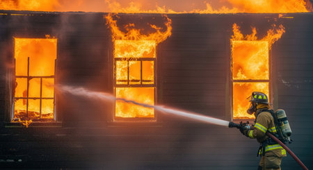 Firefighters extinguish a fire in the house. Firefighters extinguish a fire.の素材