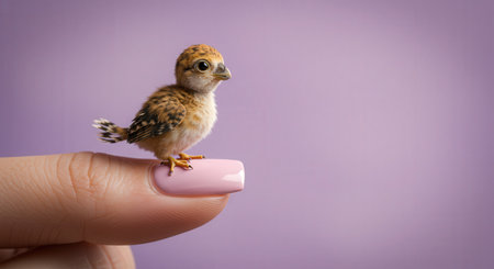 Little chick sitting on a woman's finger on a lilac backgroundの素材