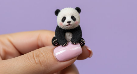 Hand holding a cute little panda toy on a purple background.の素材