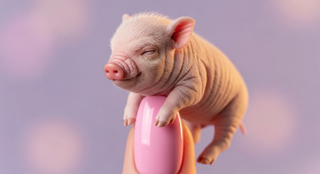 Cute little piglet on a pink plastic toy on a purple backgroundの素材