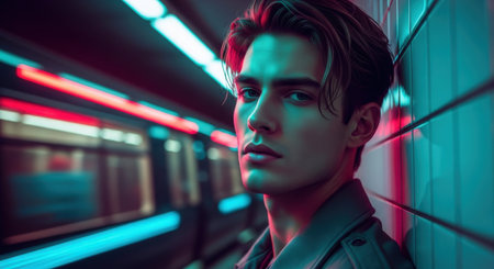 Portrait of a handsome young man in an urban environment. Men's beauty, fashion.の素材