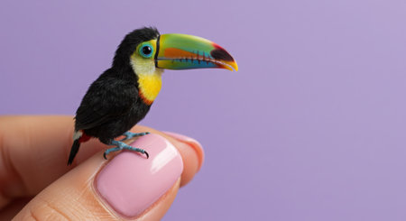 Female hand holds a toucan on a lilac background.の素材