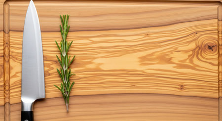 Cutting board with knife and rosemary twig on wooden backgroundの素材