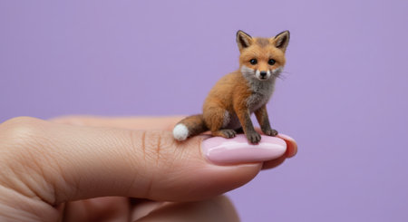 Cute little red fox sitting on a female hand on purple backgroundの素材