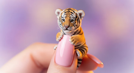 Cute tiger cub in the hands of a woman on a purple backgroundの素材