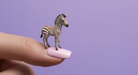 Plasticine zebra figurine on finger on purple background.の素材