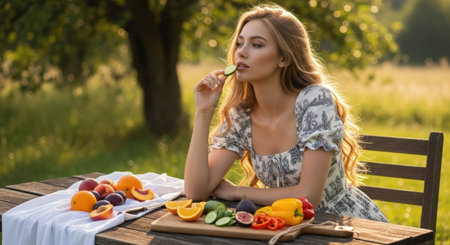 Young woman eating fruit at the picnic in the garden. Healthy lifestyle concept.の素材