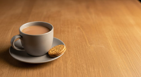 Cup of coffee with cookies on wooden table. Selective focus.の素材