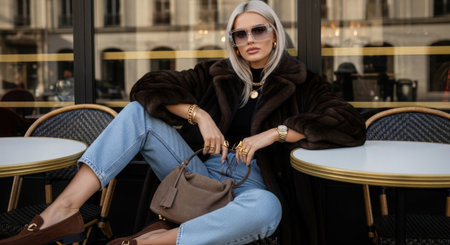Fashionable woman in a fur coat and sunglasses sitting in a cafeの素材