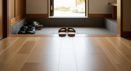 Men's shoes on the floor in front of the door. Selective focus.の素材
