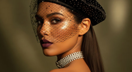 Close-up portrait of a beautiful young woman in a black hat and veilの素材