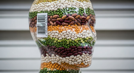 Mockup of a head made of different types of beans.の素材